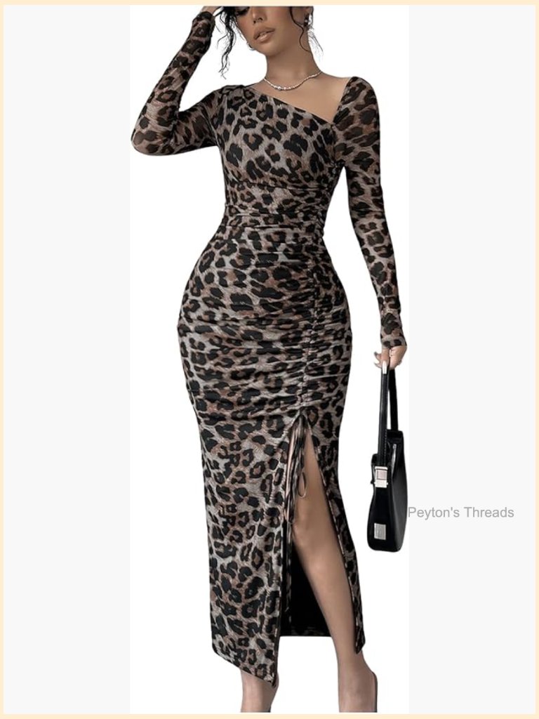 Long Sleeve Leopard Print Ruched Bodycon Maxi Dress With Slit